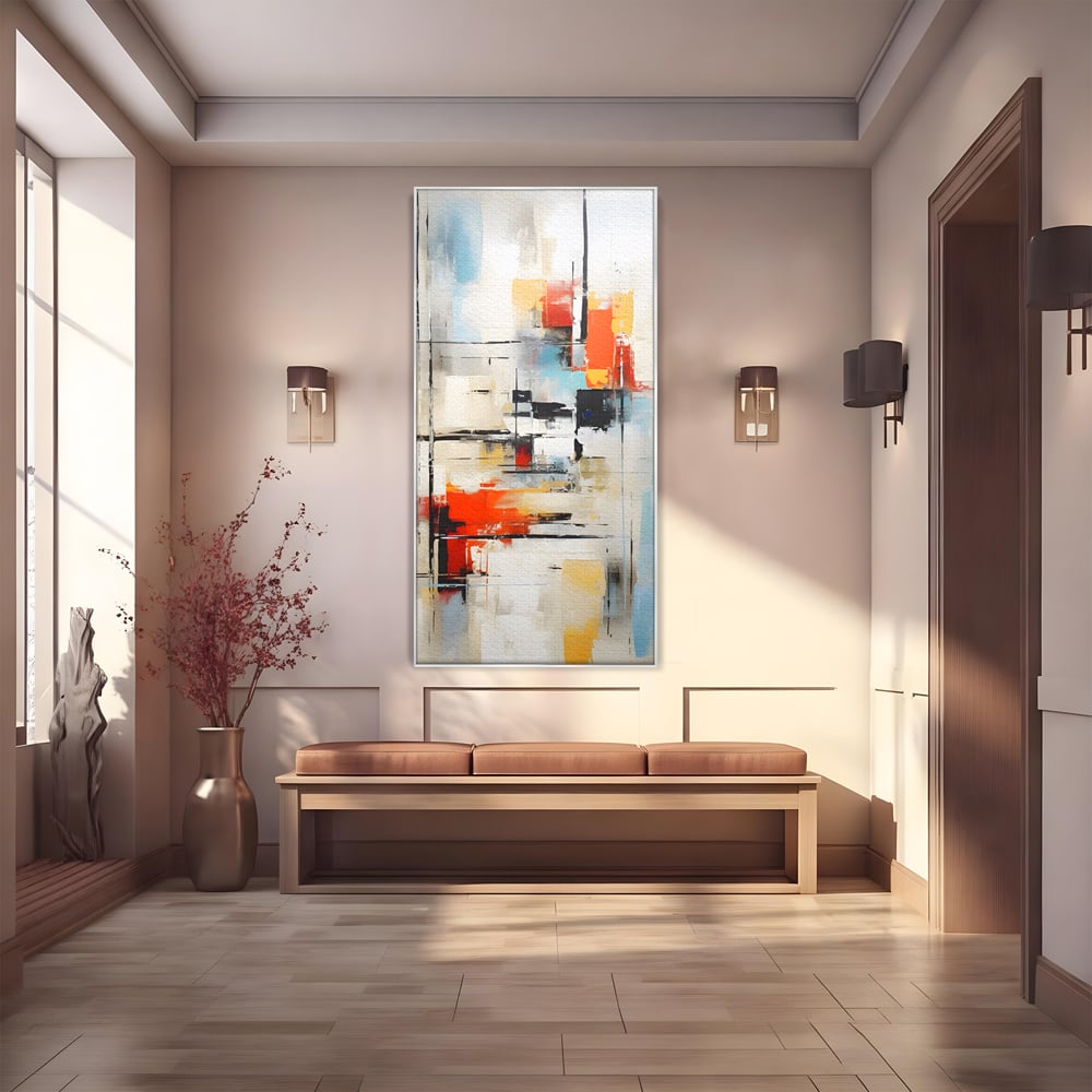 Tablou canvas cu pictura abstracta cu linii si pete, in rama de aluminiu argintiu